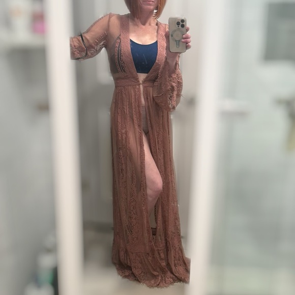 Blush Pink Lace Duster | Floor-Length Boho Kimono | Romantic Festival Chic - Picture 6 of 12